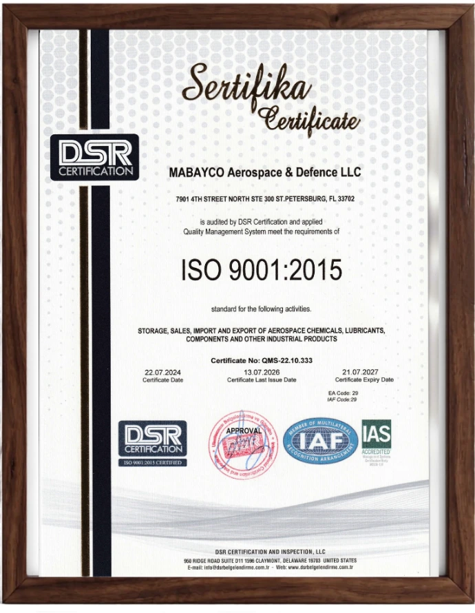 ISO 9001:2015 certificate, MABAYCO Aerospace & Defence LLC, QMS-22.10.333